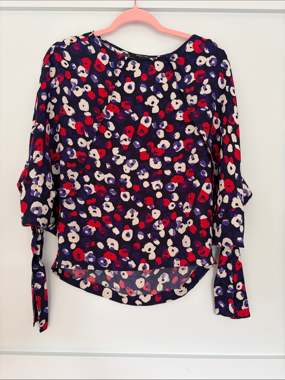 Derek Lam Navy Floral Tie-Sleeve Blouse with Red & Cream Accents
